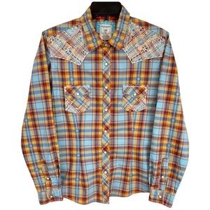 Panhandle Rough Stock Embroidered Western Flip Cuff Shirt M Plaid Aztec Blue